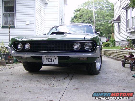 Green 1970 Ford Ranchero front view with scoop on hood
