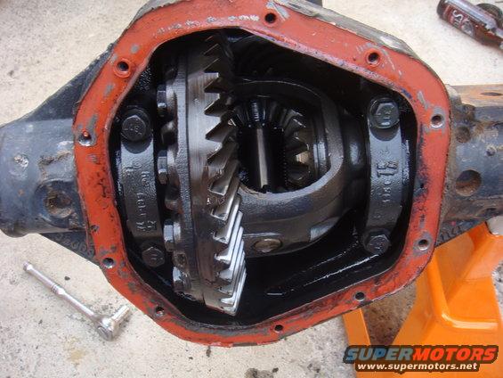 Differential housing with gears and red gasket, ratchet on floor