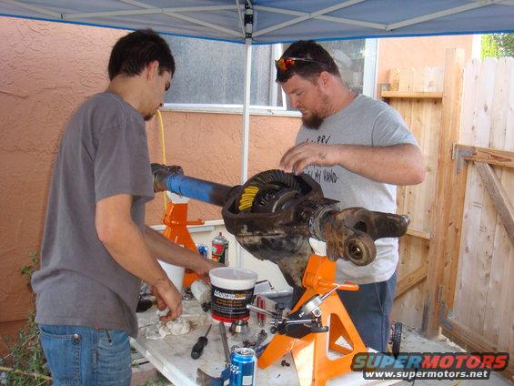 Differential assembly on orange jack stands, with two men working on it