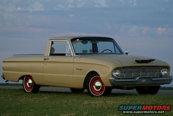 Tan Ford Ranchero with red wheels, 3/4 front view
