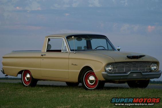 Tan Ford Ranchero pickup truck with red wheels, 3/4 front view