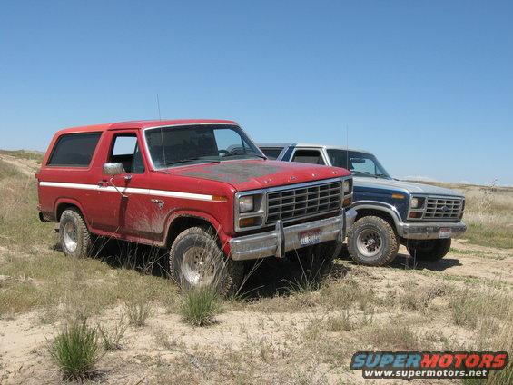Red 1980 Ford Bronco in foreground, blue 1980 Ford Bronco behind it, parked on dirt with dry grass