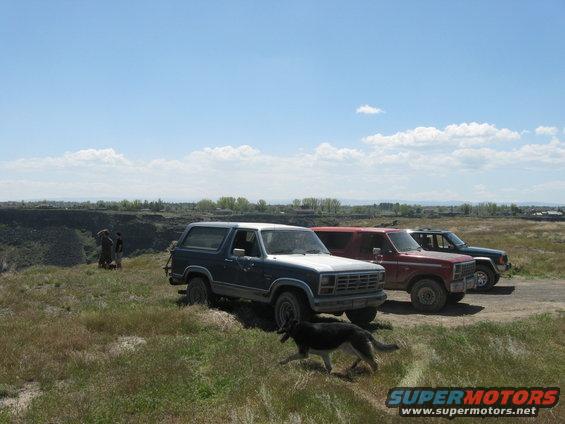 Three SUVs parked on a grassy overlook with a dog running in the foreground