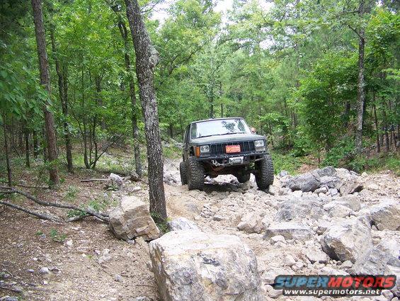 Green Jeep Cherokee XJ off-roading on a rocky trail