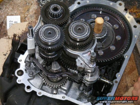 Close-up of internal transmission gears and shafts