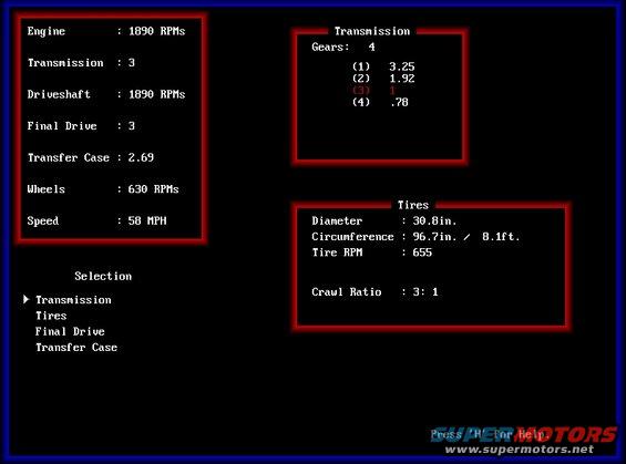 A program I made that allows me to look at the affects transmission ratios, final drives, low range, tire size, etc. have on engine RPMs and vehicle speed in real time.
