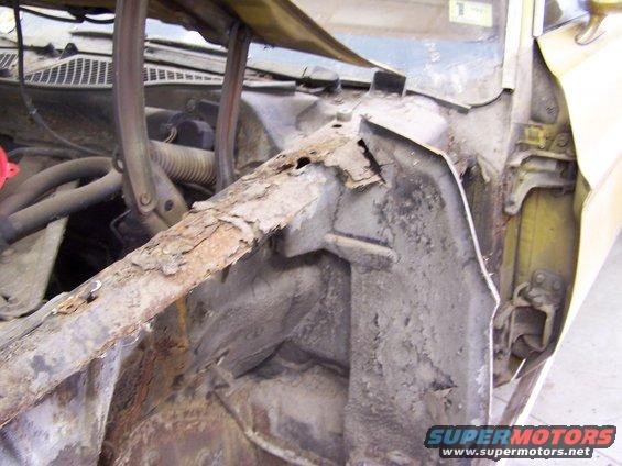 severely rusted inner fender area of a car, showing engine components and hood hinges