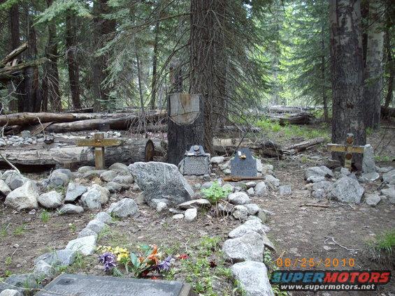 Forest gravesite with stone markers and wooden crosses