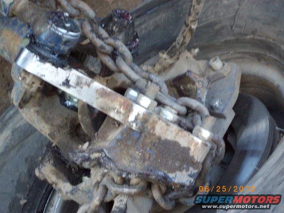 Close-up of rusty vehicle suspension parts and chains, with a tire visible