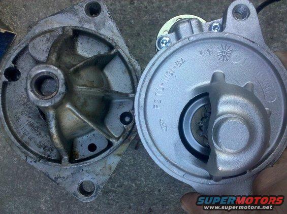 Two starter motor components, one old and one new, with part numbers visible