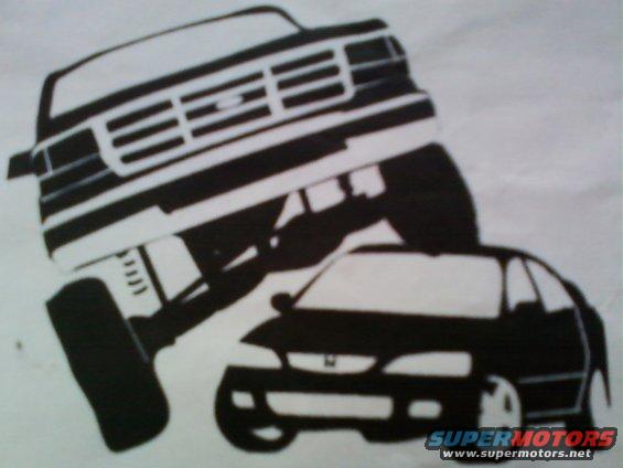Lifted truck stencil over sedan; Supermotors logo visible