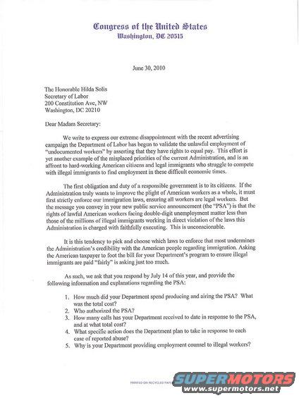 Letter from Congress to Secretary of Labor dated June 30, 2010