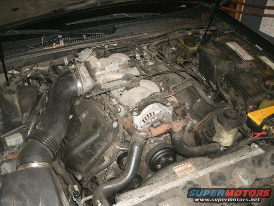 Engine bay with V8 engine components visible, including alternator and intake manifold