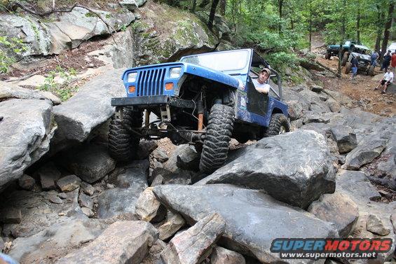 Blue Jeep Wrangler navigating rocks, Supermotors logo visible