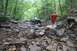 1984 Ford Bronco II - Off-road vehicle navigating a challenging rocky terrain in a forest.