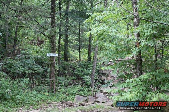 Wooded area with a sign that says "Fence Line"