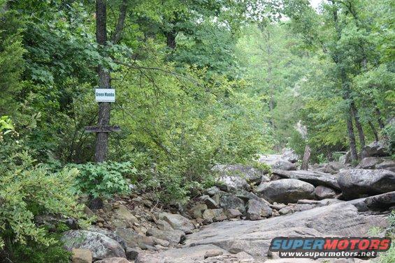 Rocky trail with signs reading 'Green Mamba' and 'Sandy Creek'