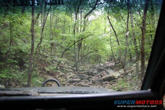 View from inside a vehicle looking out at a rocky, wooded trail. A steering wheel is partially visible