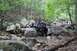 1984 Ford Bronco II - An off-road vehicle carefully maneuvers through a water-filled rocky terrain in a wooded area.