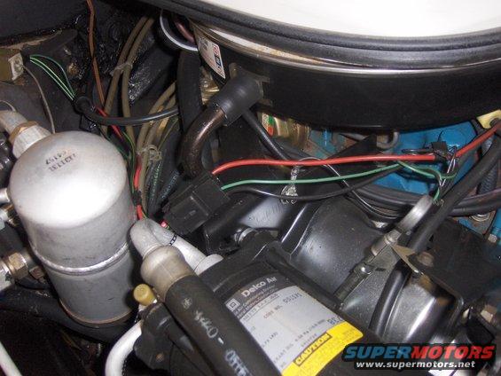 Engine bay with Delco AC compressor and receiver-drier