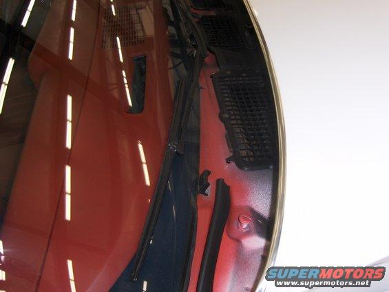 Red car hood detail with black windshield wipers and grille