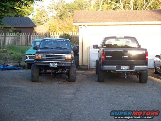 Black Ford F-150 rear view, lifted with aftermarket wheels