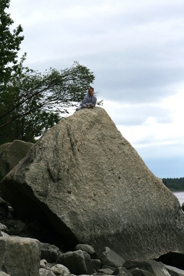 Person in gray hoodie sits atop a large granite boulder with trees and cloudy sky in background