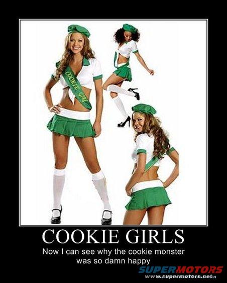 Three women in green and white cookie-selling costumes. Text reads 'COOKIE GIRLS'
