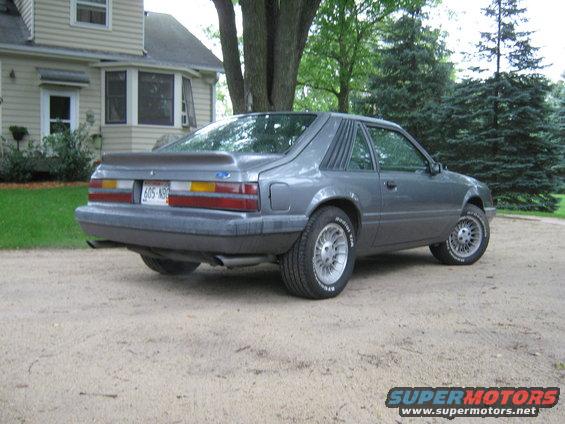 Gray 1985 Ford Mustang coupe rear view