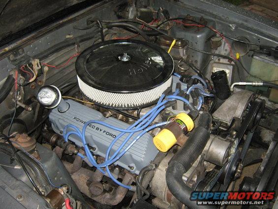 Engine bay with a Holley air cleaner and valve covers that say "POWERED BY FORD"