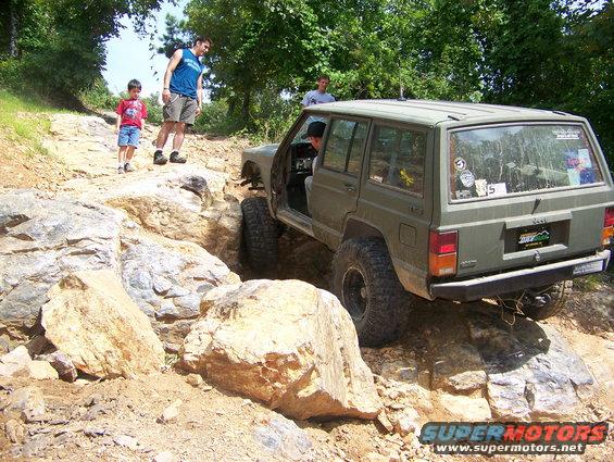 Olive green Jeep Cherokee XJ navigating a rocky trail, with people watching