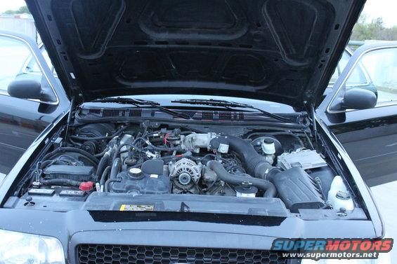 Engine bay of a 2007 Ford Crown Victoria. Hood is open, showing the engine and surrounding components