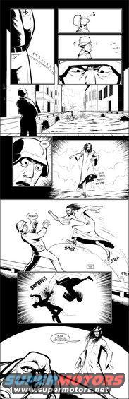 Comic panel showing a fight scene with a soldier and a figure in a robe
