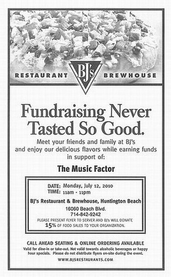 Advertisement for BJ's Restaurant & Brewhouse fundraising event for The Music Factor on July 12, 2010