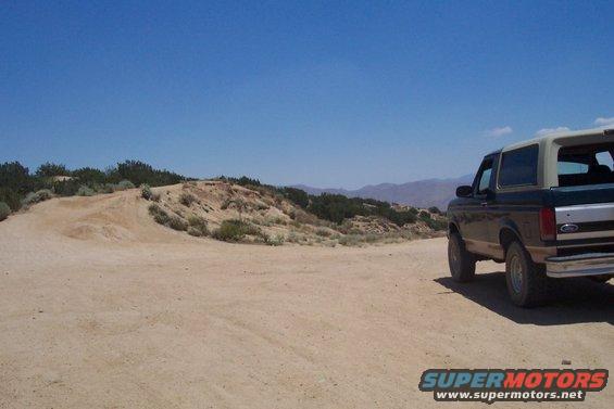 1995 Ford Bronco rear view, dark green and tan, parked on dirt road