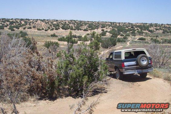 Ford Bronco parked on a dirt road in a desert landscape
