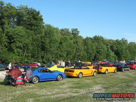 Lots of Mustangs parked in a grassy field with trees in the background. Some people are sitting in chairs