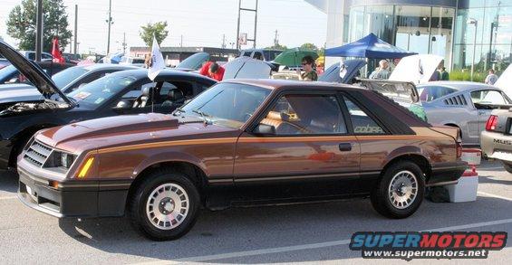 Brown 1980 Ford Mustang coupe with gold side stripe and black lower body, parked outdoors
