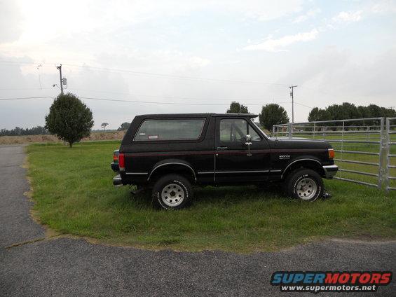 Black Ford Bronco parked on grass next to a metal fence. The Bronco has a red stripe along its side