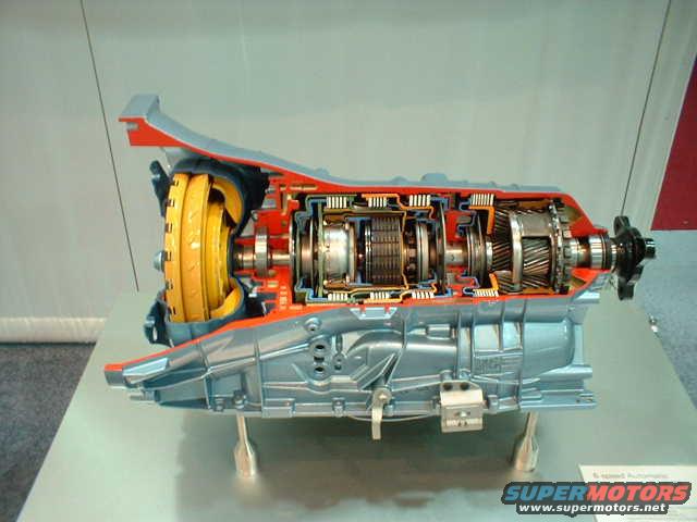 Cutaway of a 6-speed automatic transmission, showing internal gears and torque converter, displayed on a stand
