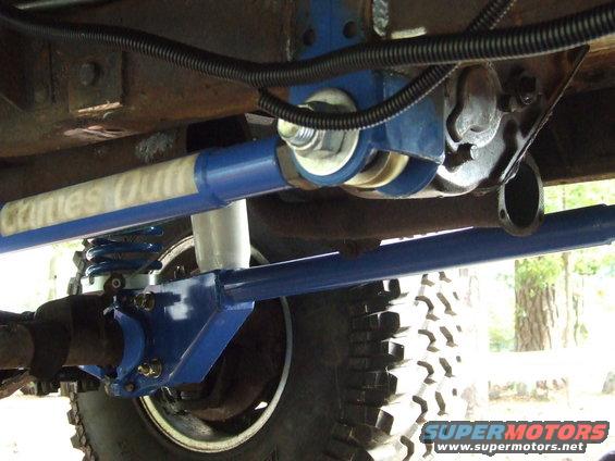 Close-up of blue suspension parts on a vehicle, with a tire visible. Text on a blue bar reads "Crites Out"