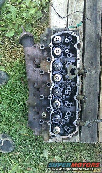 Engine cylinder head with valves visible, resting on grass and wood