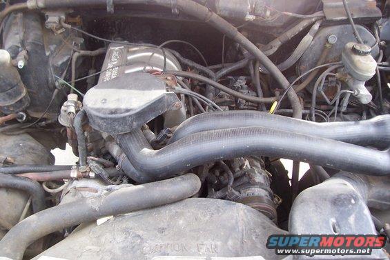 Engine bay of a 1987 Ford Bronco, showing hoses, engine block, and other components