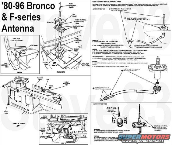 antenna.jpg 80-96 Antenna Base and Cable F-150-250-350, F-Super Duty and Bronco
IF THE IMAGE IS TOO SMALL, click it.

[url=https://www.supermotors.net/registry/media/1168822][img]https://www.supermotors.net/getfile/1168822/thumbnail/wipervalance.jpg[/img][/url] . [url=https://www.supermotors.net/registry/media/536065][img]https://www.supermotors.net/getfile/536065/thumbnail/antennabase.jpg[/img][/url]

The antenna mast (D3AZ18A886A) in the F-150-250-350, F-Super Duty, and Bronco is detachable.

Removal
1. Disconnect the antenna lead-in cable (F4TZ18812A) from the radio.
2. Remove the cable from the retaining clips along the bottom of the instrument panel.
3. Remove the antenna mast from the antenna base (F2TZ18813A).
4. Using an appropriate tool, unsnap the cap from the antenna base and remove the cap.  CAUTION: Use appropriate fender protection so you do not damage paint when removing the base.
5. Remove four antenna base attaching screws and remove the antenna base and gasket.  NOTE: The antenna lead-in cable can now be disconnected from the antenna base.
6. Disengage the cable from the retainer at the top of the heater plenum, and remove cable from vehicle for testing or replacement.  NOTE: It will be necessary to remove the glove compartment to gain access to the antenna lead-in cable.

Installation
1. Insert the antenna lead-in cable from the passenger compartment into the antenna hole in the cowl.
2. From outside of the vehicle, pull the cable through the hole in the cowl until the grommet on the cable is properly seated.
3. Attach the cable to the base and gasket assembly through the hole on the cowl top extension. Seat the assembly on the hole pattern.
4. Install the four antenna base attaching screws.
5. Place the cap in position over the antenna base and snap the cap onto the base.
6. Install the antenna mast to the antenna base.
7. Route the antenna lead-in cable to the retainers on the bottom of the instrument panel.
8. Connect the antenna lead-in cable to the radio and check the operation of the engine and radio.
9. Install the glove compartment.

Poor Reception
- If AM reception is extremely poor and FM reception &quot;spits&quot; or appears to have trouble holding stations, make sure the antenna and antenna connectors are properly mated. If the antenna connectors are properly mated but the reception is still poor, refer to Antenna Tests 1 through 3.
- If only FM reception is poor, it is unlikely that the antenna is at fault. Remove the radio chassis for service.

NOTE: Many customers do not understand the limitations of FM reception. Refer the customer to the Owner Guide for information about the limitations of FM radio performance.