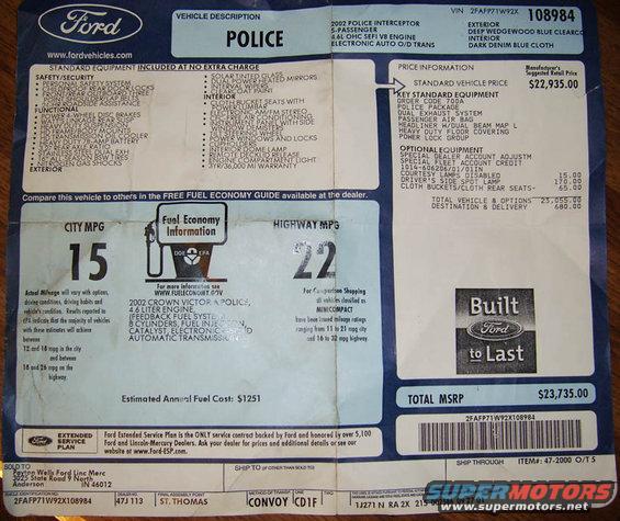 2002 Ford Crown Victoria window sticker with price and options
