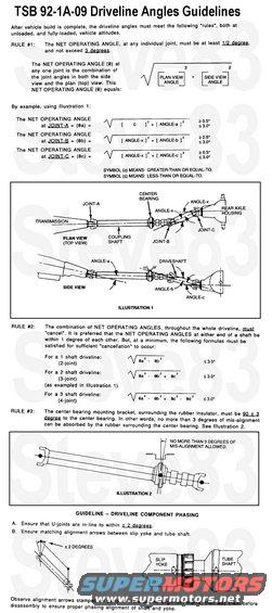 drivelineanglesguide.jpg TSB 92-01A-09 Guidelines for Modifying Light Truck Drivelines
Publication Date: 01/26/92
IF THE IMAGE IS TOO SMALL, click it.

LIGHT TRUCK: 1989 and after BRONCO, ECONOLINE, F SUPER DUTY, F-150-350 SERIES
 
ISSUE: Qualified Vehicle Modifier (QVM) Bulletin Number 14 provided guidelines for modifying light truck drivelines to help ensure proper driveline integrity. The bulletin is printed here as an added aid to the service technician.

Improper driveline modifications were found to influence recent service claims for transmission damage, premature wear-out of U-joints, and noise and vibration. When modifying a driveline use the following guidelines to help ensure proper driveline integrity. Although these guidelines cover the most immediate concerns, they are not comprehensive. The reader is encouraged to further consult the references listed at the end of this bulletin.

In general, limit the amount of balance weight to approximately 3 ounces or less at each end of a shaft. Excessive weight required to balance indicates that the shaft is likely to be distorted beyond the runout specifications and should not be used. Compare the runout of the shaft against the following specifications to determine whether a shaft is worth balancing.

A list entitied Things-Gone-Wrong follows. This list contains the things-gone-wrong commonly found on vehicles with modified drivelines. Vehicle modifiers are encouraged to use this list to quickly identify problem areas in their build process.

Balanced shafts on modified vehicles are found to have over 4 times the maximum imbalance allowed by the guideline.
 
Muffler pipe used to make driveshafts (poor quality pipe - non-uniform metal thickness, oval/not round, rusts easily)
 
^ Too many balance weights used to balance a shaft
 
^ Driveshafts, made longer, are not increased in size when required.
 
^ U-joints not often up-sized, or up-graded, when required
 
^ Rear axle pinion angles too large on substituted or modified rear suspensions
 
^ Excessive U-joint angles on modified wheelbase/frame-stretched vehicles
 
^ U-joints not in line (in phase) at either end of a modified driveshaft. The yoke ends are crooked when welded onto the tube.
 
^ Alignment arrows on slip yokes and tube shafts not aligned. Sometimes the slip yoke is found turned by one spline tooth when installed, resulting in the driveline being several degrees out-of-phase.
 
^ Improper electrical grounding of eddy-current type brake retarders 

Poor driveline modifications have been occurring for many years. These modifications often set up powerful vibration resonances in the driveline that pound and bend the critical links surrounding the shafts - joints, transmissions and axles. Frequent joint replacements, cracked manual transmission housings, and needless front wheel alignments and balances, are often attributable to poor driveline modifications. The C6 automatic transmission appeared relatively indifferent. However, the introduction of the E4OD transmission brought components internal to the transmission that are sensitive to these vibrations. Also, higher driveshaft operating speeds from the overdrive feature now make driveline specifications more critical. Therefore, adherence to the guidelines in this bulletin is necessary to maintain the reliability of current generation drivetrains.

Multiple Driveshafts and System Balancing

System balancing means assembling the whole driveline, with joints, and placing this assembly in the balancer as if it were just one shaft. This balance method is required with two-driveshaft systems. However, it may be a bit impractical with 3 shafts or more. So in this case, system-balance two shafts together, and balance the third separately.

Balance At 3,000 RPM Versus 500 RPM

Most small shops making driveshafts for body builders only have balancers that spin to 500 rpm. Ford driveshafts are balanced at 3,000 rpm, mainly to find damaging vibration resonances occuring only at these higher speeds. Vehicles today, with overdrive feature, can see over 5,000 rpm in normal use. An imbalance beyond specification at this speed can be destructive to the drivetrain. It is therefore recommended that the vehicle modifier pursue actions that ensure balance accuracy to 3,000 rpm, if the vehicles they will be used on are likely to be operated at highway speeds. The following suggests ways in which the vehicle modifier can meet this recommendation:

a. Dana Corporation is a possible source for driveshafts, and associated components, meeting Ford specifications. Their address and phone numbers are listed in the REFERENCES section of this bulletin.
 
b. The following must be ensured if only a 500 rpm shaft balance is available:
 
^ A straight shaft with uniform metal thickness
 
^ Use of highly-toleranced U-joints, as sourced by the original equipment vehicle manufacturer (joints from auto-parts stores are not likely to meet the required tolerances).
 
^ Possibly restrict the applications of these driveshafts to vehicles normally operating at slow speeds 

Eddy-Current Type Brake Retarders

These brake retarders add more work to the drivetrain, requiring that the joints be upgraded to improve their life. Adding a brake retarder is not the only consideration that may require upgrading U-joints. Torque, speed, vehicle use, as well as other modifications, also go into the formula for sizing components. Therefore, it is recommended that the vehicle modifier refer to the Spicer Drivetrain Selector Guide for proper sizing of driveline parts.

DO NOT add an electrical grounding strap between the vehicle frame, and the transmission housing or support crossmember. Excessively high current has been found to run through the E4OD transmission during cranking and braking when this is done with the ground between the vehicle frame and retarder missing. This high current surge is potentially damaging to internal transmission components. Follow the grounding instructions from the brake retarder supplier explicitly.

Assure proper alignment of the driveline after retarder installation. Be observant of angles in both the plan (top) view and the side view.

It is important to determine if there is a real need for a brake retarder. Some fleets are finding that driver training, in lieu of a retarder, may be more cost-efficient.

Minimum Operating Angle Of 1/2 Degree

A slight angle is required to prevent U-joints from wearing out from brinelling, providing a smooth flow of power through the driveline. It is similar to intentionally putting a pre-load on a wheel bearing.

Maximum Operating Angle Of 3 Degrees

Operating angles can be allowed to be much higher, sometimes as high as 12 degrees. To get a vehicle to operate successfully above 3 degrees often requires larger U-joints, expensive double cardan joints, or constant velocity joints (which are distinct), maybe a restriction to slow vehicle speeds, and other considerations. A reduction in joint life does become noticeable on joints operating above 3 degrees, if precautions are not taken.

Two shafts, connected with a single cardan U-joint and turning at a constant rpm, have no angular acceleration that could force a vibration. When an angle is made between them, the first (power input) shaft will turn at the same constant, smooth, speed; while the second shaft will now have to speed up and slow down twice every revolution (change speed 4 times per revolution).

This creates an angular acceleration in the second shaft that forces a vibration; which is acceptable if kept to a minimum. The guidelines in this bulletin limit driveline angular accelerations to 400 radians per second squared or less, which is the requirement for all Ford light truck (SAE specification is 500). Some driveline modifications have been found to have resulted in accelerations of over 11,000 radians per second squared, often resulting in damaged drivetrains in early mileage. Vehicle modifiers are encouraged to consult the sources listed under REFERENCES in this bulletin, if driveline angles are likely to exceed 3 degrees in the modified design.

Using The Frame Siderail To Obtain A Reference Angle

The long, straight frame rails on an F-Super Duty Stripped Chassis have sufficient accuracy to use for a reference angle, and specific instructions published for this vehicle, which ask the modifier to use the frame rail as a reference, should be obeyed. However, this bulletin, and referencing Dana literature, does not require measuring a frame reference angle (all requirements reflect driveline angles relative to each other).

Driveline angle measurements should be made with the vehicle supported by the tires, and resting on a level surface. Avoid hoisting a vehicle by the frame, since this distorts the chassis enough to make the driveline angle measurements inaccurate.

Match-Mounting Driveshafts To The Rear Axle

O.E.M. rear axles have their runout measured, then a yellow dot is placed at the high side of this runout reading. The dot is placed either on the end yoke, or on the pilot/flange, of the axle input shaft. Alternately, the O.E.M. driveshafts also receive a yellow dot, which is placed on the light side of the unbalance. Upon assembly of the drivetrain, the yellow dots are matched up. This match-mounting aids the driveline system-balance. Vehicle modifiers should look for these dots, and maintain this match-up when the drivetrain is reassembled after modification. Remanufactured or modified shafts should also have their light side matched with the yellow dot on an axle, similar to the O.E.M. shafts.

Driveline Vibration Dampers

Driveline vibration dampers are sometimes added to driveshafts or axles to help with eliminating noise and vehicle harshness (NVH). If they came with the vehicle drivetrain then retain the damper with the modification.

Using Double Cardan Joints or Constant Velocity Joints To Allow Larger Angles

In general these joints, used correctly, can allow having larger joint operating angles, as much as 8 degrees. However, it is very important to note that placing this type of joint at the rear of a coupling shaft will prevent cancellation from occurring at the forward end of the shaft where the transmission joins. Without cancellation, the operating angle at this joint must be maintained at 3 degrees or less, regardless of the existence of a DC or CV joint in the driveline system.

General Comments

It is good practice, for any chassis that will see a driveline modification, to measure and record the driveline angles for the following vehicle configurations for later comparison, and assurance for meeting the guidelines in this bulletin when the vehicle is completed:

a. Chassis as first received from the Ford assembly plant (make note that the angles may not conform exactly to this bulletin when incomplete).

b. Completed vehicle, unloaded

c. Completed vehicle, loaded to GVW, Maximum Front GAWR

d. Completed vehicle, loaded to GVW, Maximum Rear GAWR

DO NOT over-torque the U-joint fasteners. It distorts the end caps, causing premature joint failure. The Ford Light Truck Shop Manual indicates the torque ranges to use for the various joints.

References

Ford Literature - QVM Bulletins Related To E4OD Transmission

QVM Bulletin # 5: E4OD Automatic Transmission ^ Published May, 1989 ^ Electrical information necessary when modifying trucks with E4OD
QVM Bulletin # 10: Splicing Into Stop Lamp Electrical Circuit^ Published December, 1989
QVM Bulletin # 11: Turbo Charger/Supercharger Installed On A Vehicle Equipped With E4OD Transmission ^ Published May, 1990
 

Dana/Spicer Literature

Spicer Universal Joints And Driveshafts - Service Manual
^ Servicing the driveshaft 
^ Balance/runout/operating angles
^ How to measure angles
^ Order form for the &quot;Spicer Drivetrain Selector Guide&quot;
 
Spicer Driveline Components - Troubleshooting Guideline^ Causes and solutions to field problems 
^ Measuring and calculating operating angles
^ Measuring and calculating U-joint angle cancellation.

Dana/Spicer Anglemaster (Digital Protractor)
^ Highly recommended for accurate driveline measurement

Dana Drivetrain Service Address
Dana Corporation, Drivetrain Service Division, P.O. Box 320 Toledo, Ohio 43619
_______________________________________________________

For other TSBs, check [url=www.bbbind.com/tsb-wiring-diagrams-database/]here[/url].

See also:
http://www2.dana.com/pdf/J3311-1-HVTSS.PDF

[url=https://www.supermotors.net/registry/media/1166764_1][img]https://www.supermotors.net/getfile/1166764/thumbnail/3susprshim.jpg[/img][/url] . [url=https://www.supermotors.net/registry/media/968733][img]https://www.supermotors.net/getfile/968733/thumbnail/drivelineangles9296b.jpg[/img][/url] . [url=https://www.supermotors.net/registry/media/284976][img]https://www.supermotors.net/getfile/284976/thumbnail/dshaftsujoints.jpg[/img][/url] . [url=https://www.supermotors.net/registry/media/1150996][img]https://www.supermotors.net/getfile/1150996/thumbnail/6672-driveshafts.jpg[/img][/url] . [url=https://www.supermotors.net/registry/media/470494][img]https://www.supermotors.net/getfile/470494/thumbnail/ujointid.jpg[/img][/url]
[url=https://www.amazon.com/dp/B002LL0BIC/][img]http://ecx.images-amazon.com/images/I/41K4-Usye7L._AA160_.jpg[/img][/url]

[url=https://spicerparts.com/anglemaster]Dana Anglemaster Digital Protractor
[img]https://spicerparts.com/sites/default/files/2020-10/3821850-2.jpg[/img][/url]