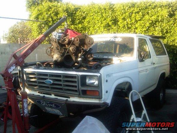 White Ford Bronco, engine being lowered in by a red engine hoist. Front end is visible