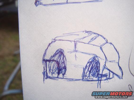 Sketch of a car's side profile, showing wheels and body lines