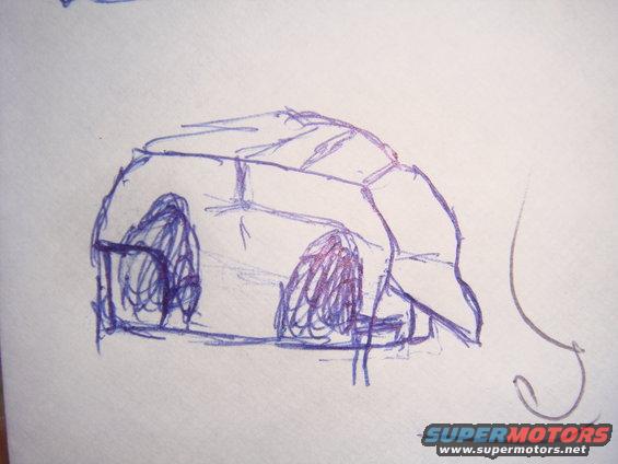 Blue ink sketch of a vehicle's side profile, showing wheel wells and a boxy body