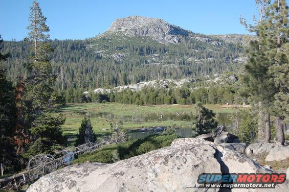 Rocky foreground with a lake and forested mountain under a clear blue sky